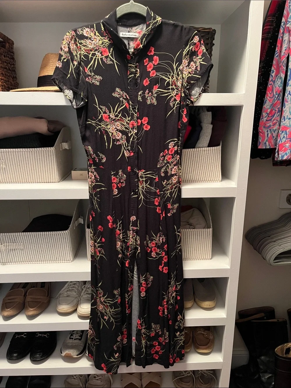 Reformation Black Floral Button-Front Dress with Red Flowers - Picture 1 of 4
